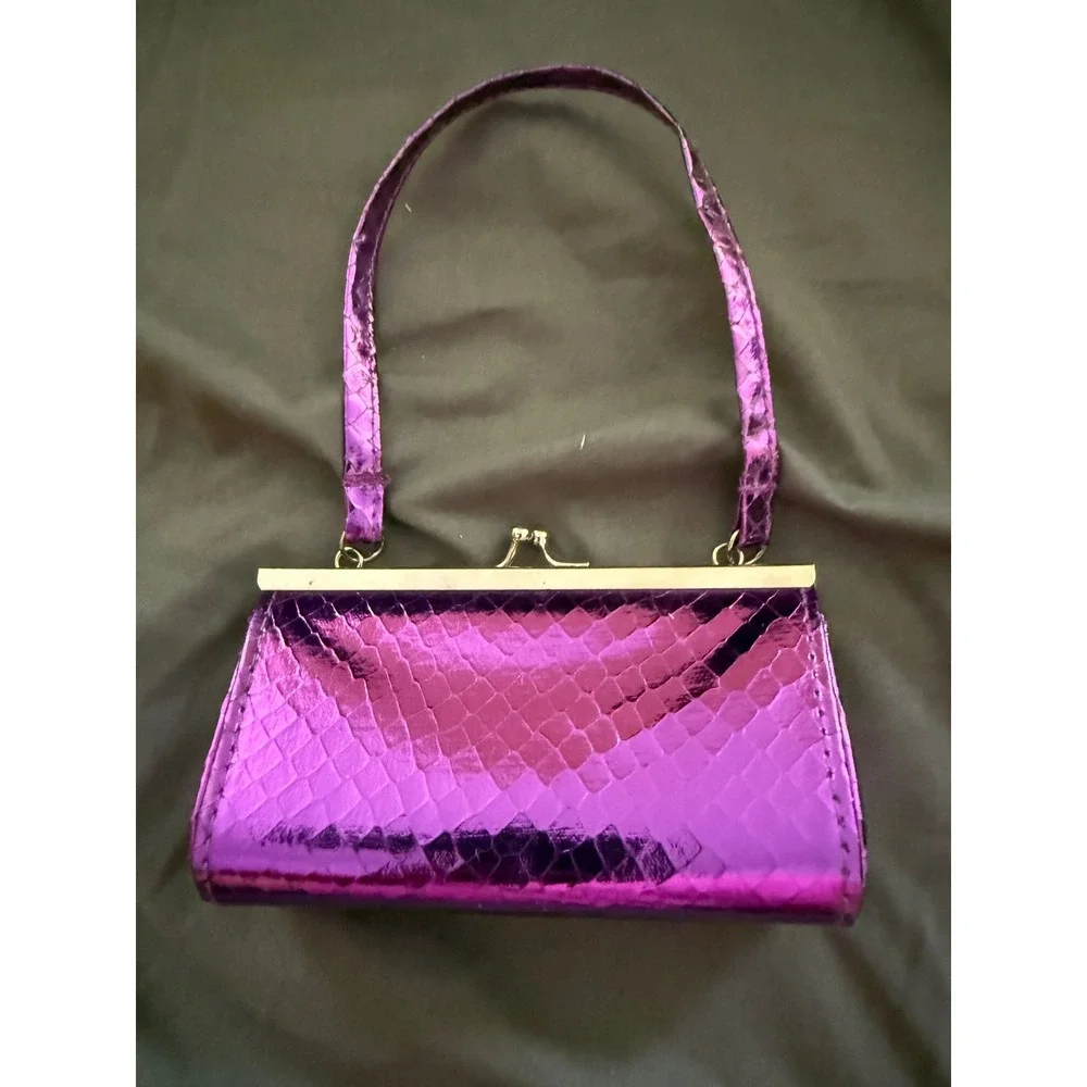 Purple Metallic Faux Snakeskin Kiss Lock Frame Handbag Polka Dot Lining Mini Bag